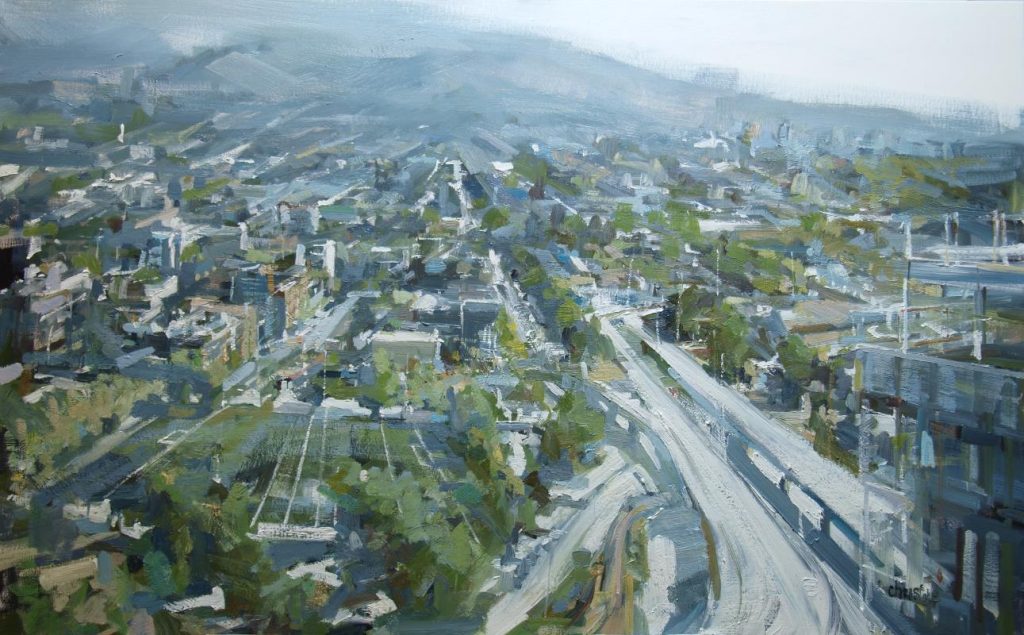 Urban oil painting from high up of Viaducts