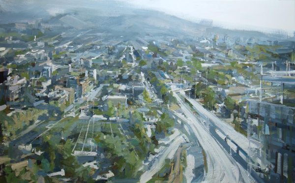 Urban oil painting from high up of Viaducts