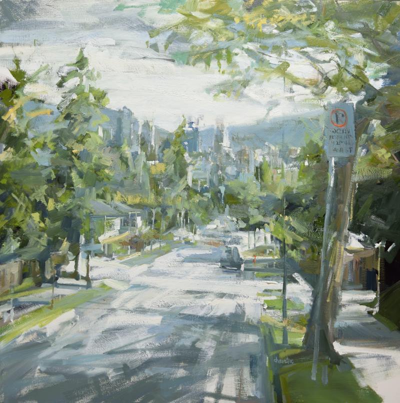 Urban oil painting by Leanne M Christie of Vancouver street looking north