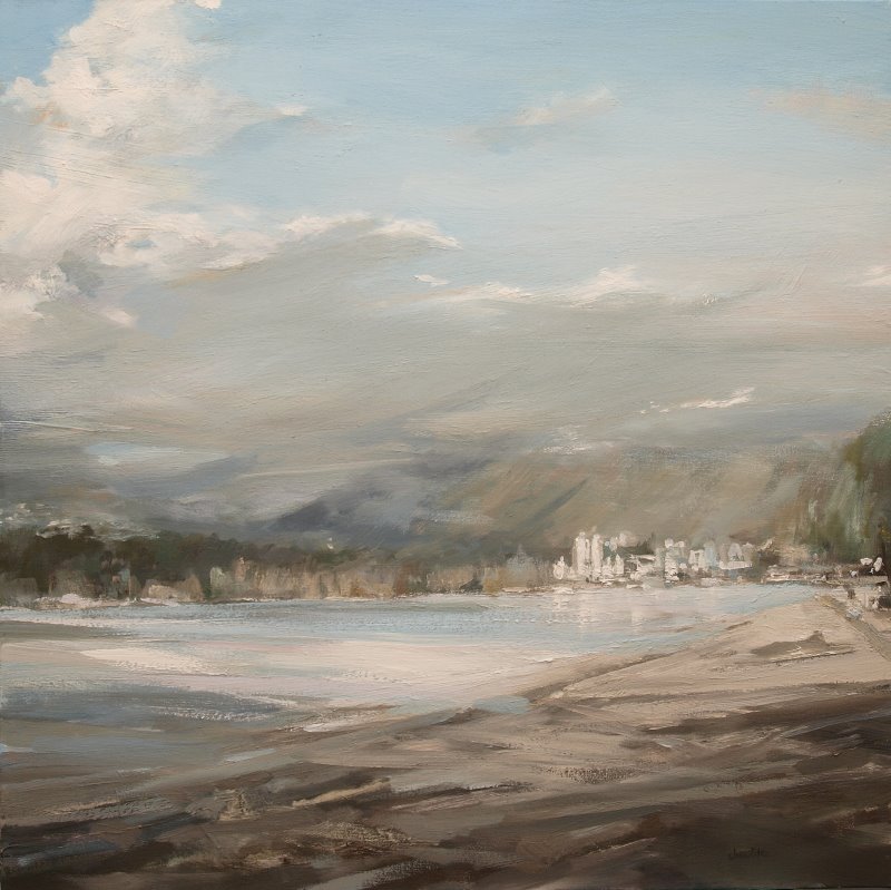 Leanne M Christie early oil painting of city, water and mountains