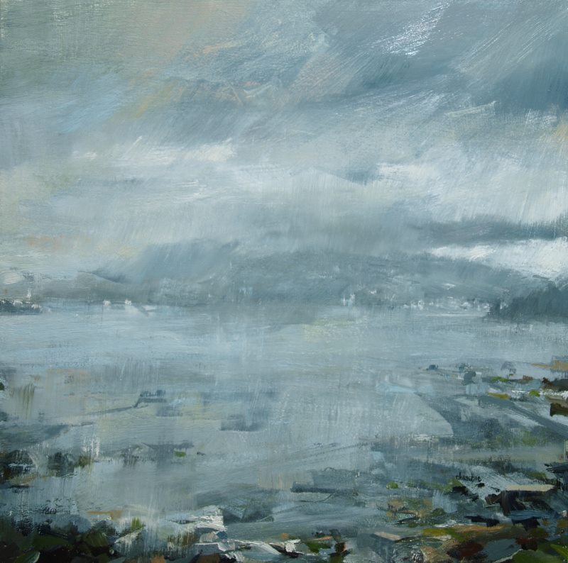 A rainy coastal scene painted by Leanne M Christie