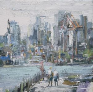 Christie urban painting along water with couple