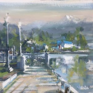 Original oil painting of Coal Harbour sea wall by Leanne M Christie