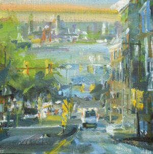 Golden winter mornings Christie original painting of Vancouver as viewed from Lonsdale Quay