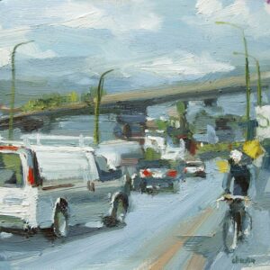 Morning On Clark oil painting of a cyclist in front of a white van