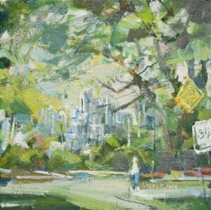 Morning Strolls. PV190620 small urban oil painting of person walking choklit park vancouver