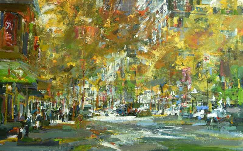 North Main Monday An original urban oil painting looking south along Main street with Autumn foliage