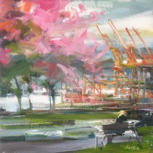 Port Side Original oil painting of Vancouver Port with Cherry Blossoms
