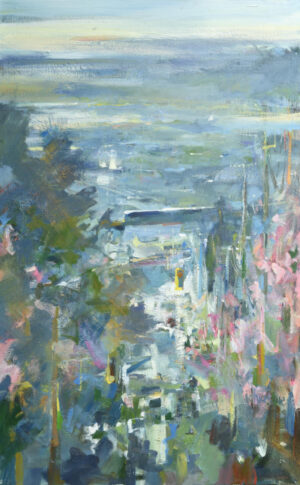 Still forward urban oil painting Fraser river with Skytrain and cherry blossoms. The painting is painted in portrait format and the dominant colour is blue with accents of pink in the foreground