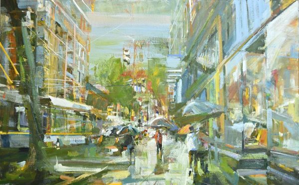 Original oil painting of Main Street in Vancouver in the rain