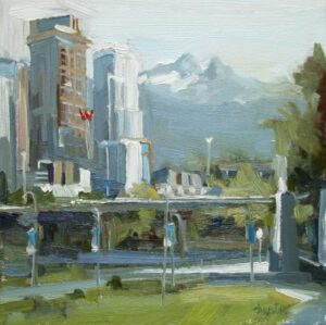 The Lions Of Vancouver Christie original painting of Lions mountains with woodwards sign