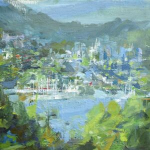 The northern shore Small oil painting of the Burrard inlet and the north shore mountains