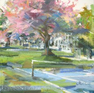 Tennis court and cherry blossom