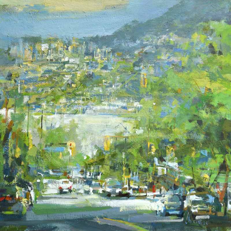 Traversing the cross streets Oil painting with green trees lining the downtown Vancouver street and the North shore in the diistance