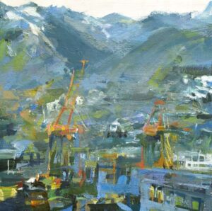 Working city Vancouver Port painting from China Town by Leanne M Christie