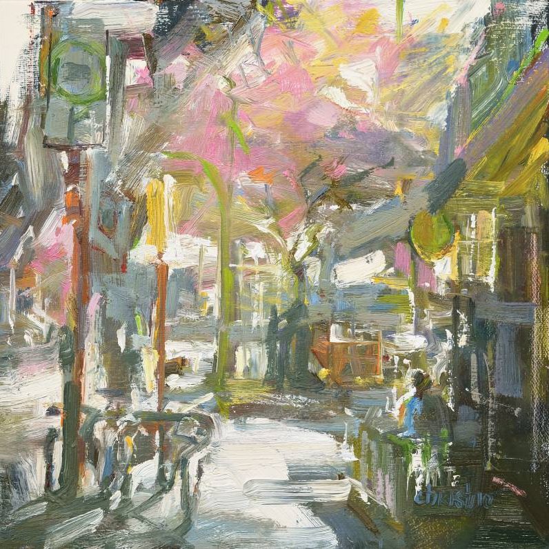 Corner coffee. 10×10. PV090419 Leanne M Christie original oil painting of spring cherry blossoms