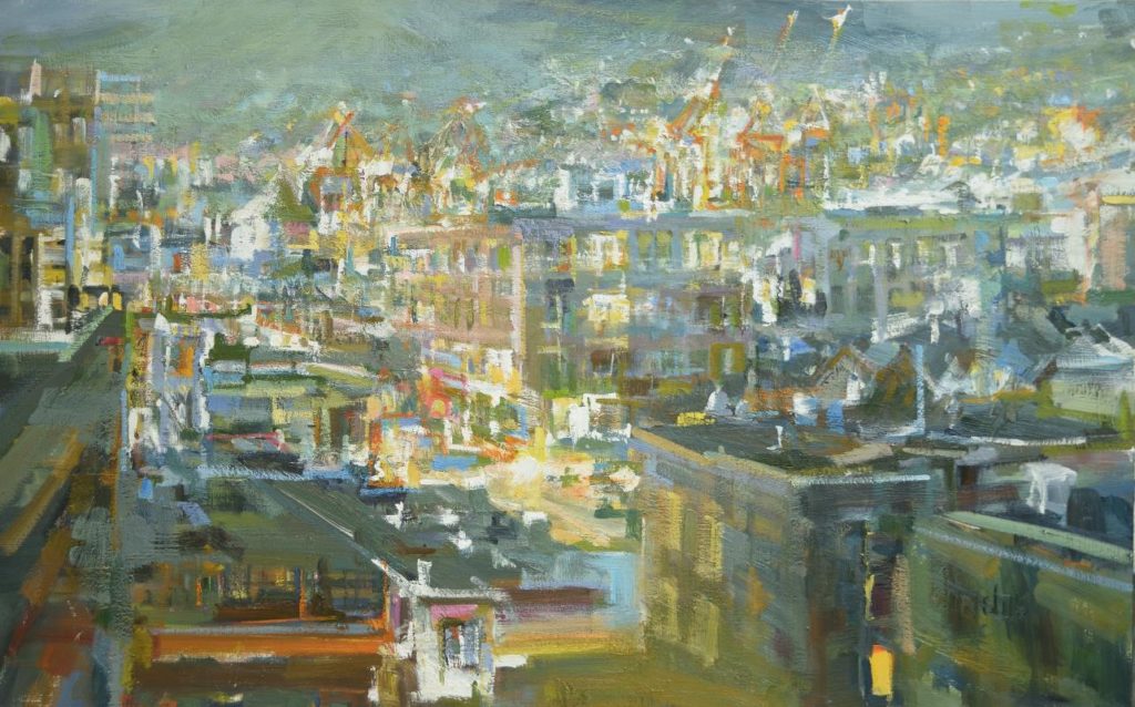 Leanne M Christie painting of Vancouver with Cranes