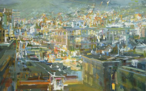 Leanne M Christie painting of Vancouver with Cranes