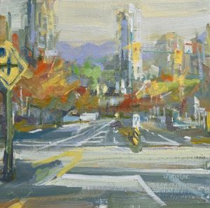 Coquitlam Autumn Small oil painting of road in Coquitlam with red autumn trees.