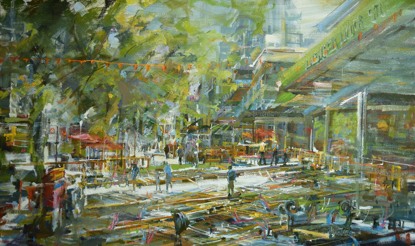 Urban oil painting that is a composite of 2 images that are woven together.
