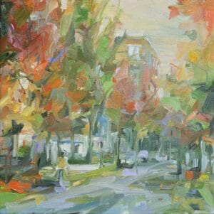 Autumn school run Christie original oil painting of a side street in East Vancouver