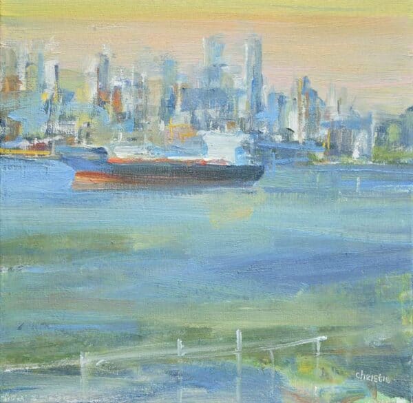 Original oil painting of a cargo ship in the Port of Vancouver