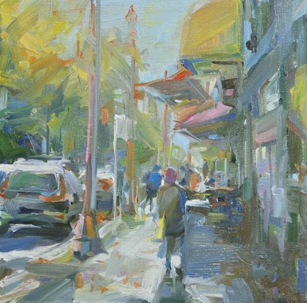 Leanne M Christie original oil painting of shopper on Gore street in Vancouver's Chinatown