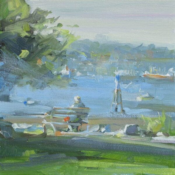Christie painting of a person sitting on a bench alongside the West Vancouver waterfront