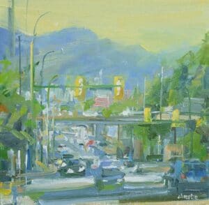 Transitions Christie original oil painting of the view north along Clark street