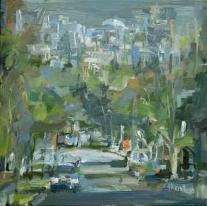 A neighbourhood street south of Broadway. A small painting by Leanne M Christie of a neighbourhood street. The viewer is placed in the middle of the tree lined street with downtown Vancouver appearing in the top third of the oil painting.