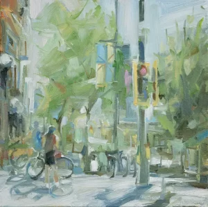 Afternoon Glow. Christie oil painting of a person waiting with their bicycle on the side of the street with glowing morning light