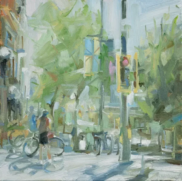 Christie oil painting of a person waiting with their bicycle on the side of the street with glowing morning light