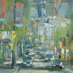Leanne M Christie urban oil painting of Cambie street looking north. The viewer is standing in the middle of the road as cars drive south along Cambie. The painting is described with suggestive brushstrokes and is dominated by subtle oranges and greens.