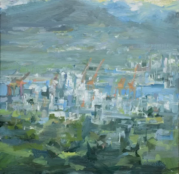 10" x 10" urban landscape painting by Leanne M Christie of the view of the orange gantries in the Port of Vancouver. The viewer is placed at Queen Elizabeth park and the painting includes the North Shore Mountains