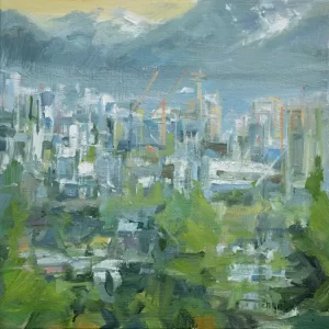 From a distance, all things stay the same. Small urban oil painting on canvas by Leanne M Christie. The painting is dominated by grey blue mountains and the greens of the trees in the foreground. The viewer is at Queen Elizabeth park overlooking downtown Vancouver