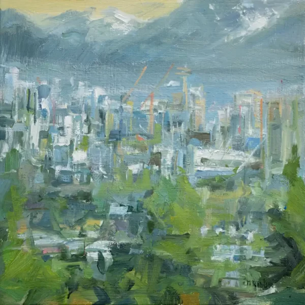Small urban oil painting on canvas by Leanne M Christie. The painting is dominated by grey blue mountains and the greens of the trees in the foreground. The viewer is at Queen Elizabeth park overlooking downtown Vancouver