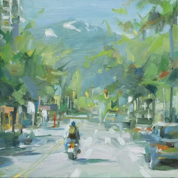 Oil painting of a person on a motorbike moving away from the viewer with mountains in the background