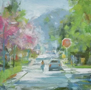 Listening to stories of the mountains. Oil painting of suburban street with person, mountain and cherry blossoms