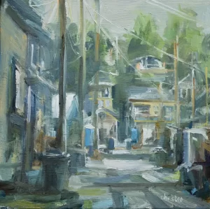 Private alley. Urban oil painting of a Vancouver Alley that is tucked in a small Cue-de-sac. The oil painting is fairly muted in colour which beautifully communicates the age of this small area of the city.