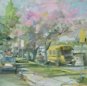 Resting. Oil painting of a school bus waiting under a cherry blossom tree while school is in progress