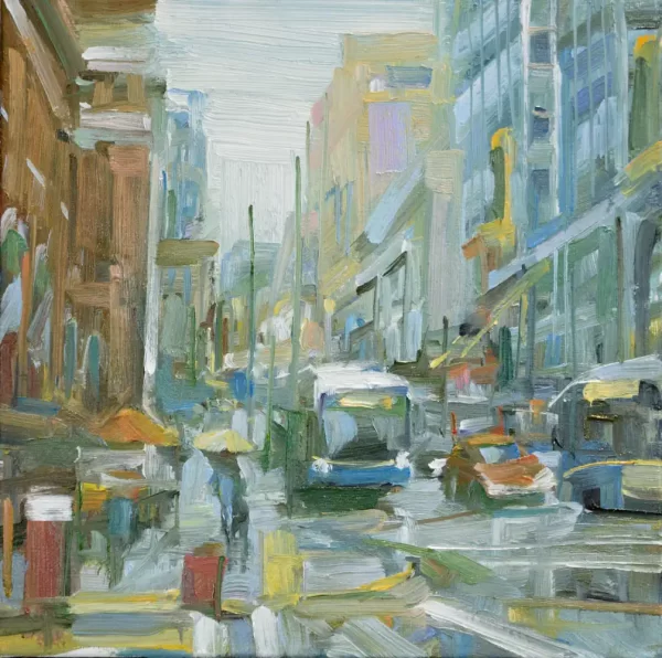 Oil painting of downtown Vancouver street in the rain with a bus