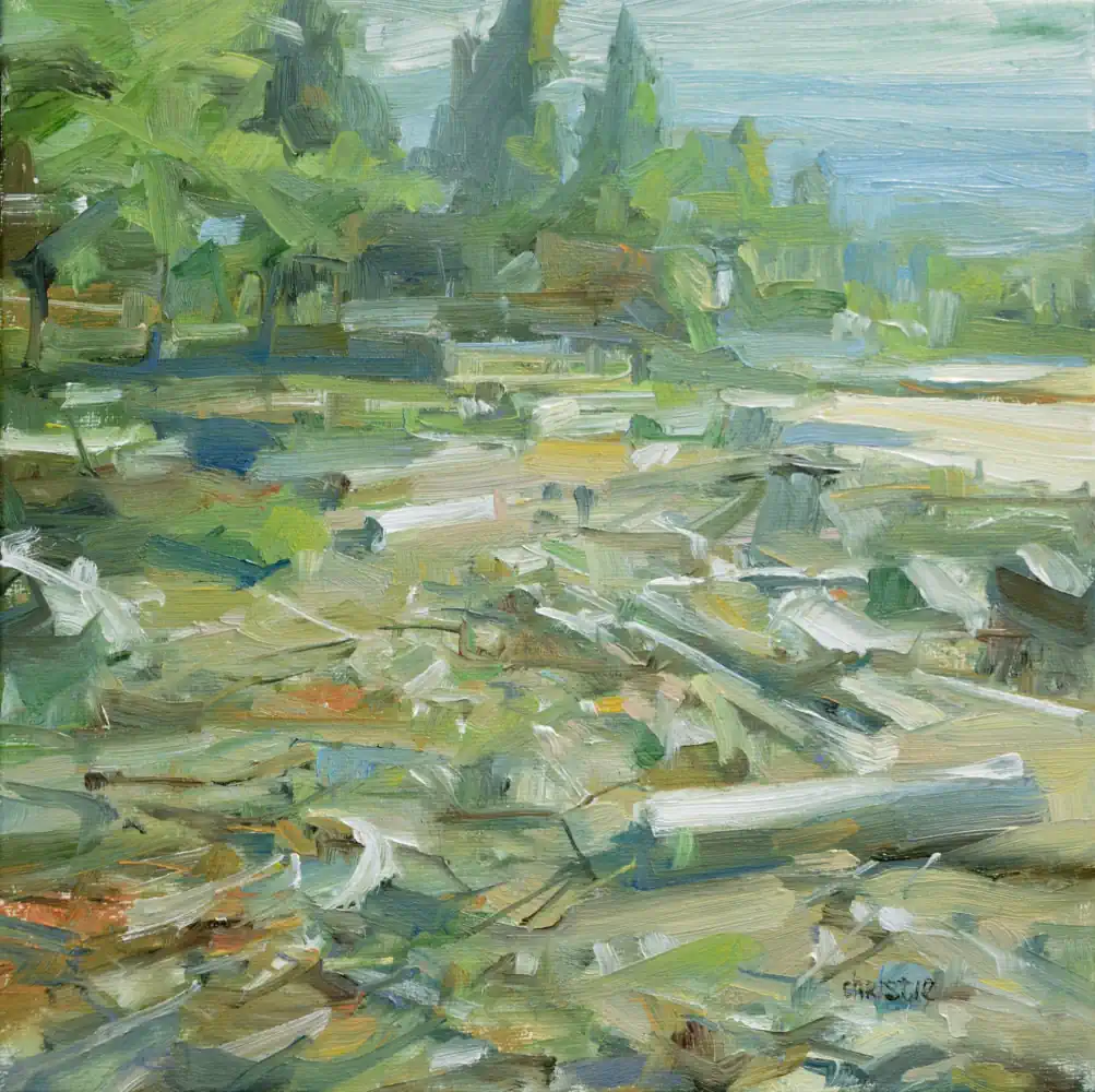 Original oil painting of west coast beach with logs
