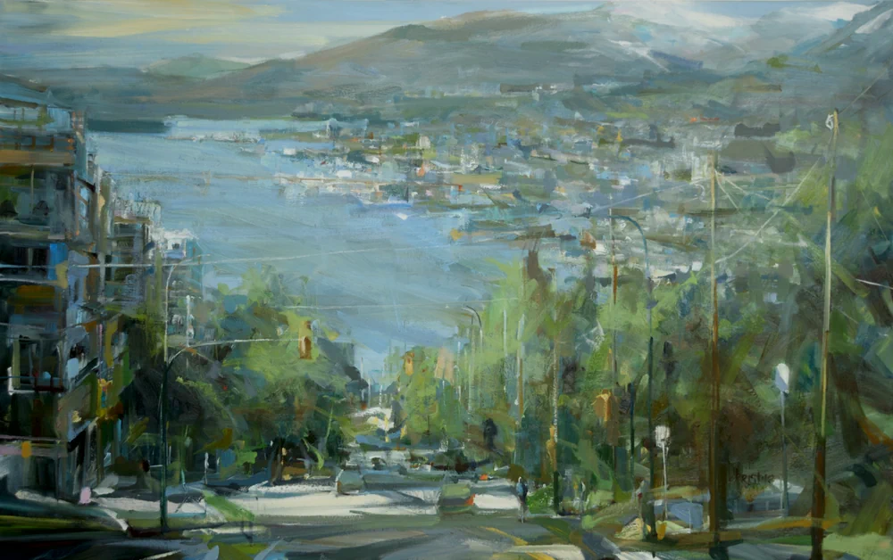 A moment meeting a moment Original Urban Oil painting of a street that descends sharply down as the landscape rises in the distance. The main tones of the work are blue, green and a warm grey.