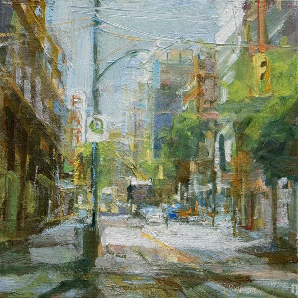 Leanne M Christie oil painting of bus on a downtown Vancouver street.