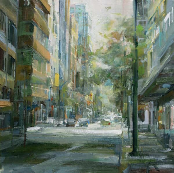 Urban oil painter, Leanne M Christie painting of Downtown Vancouver street on a cool morning.