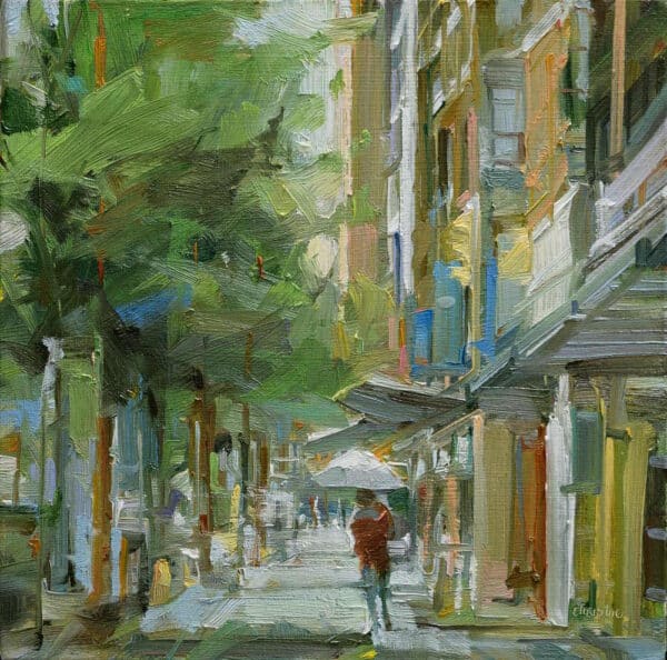 Vancouver oil painter, Leanne M Christie original painting of Main street in Chinatown, Vancouver. The painting captures the sidewalk with a pedestrian holding an umbrella.
