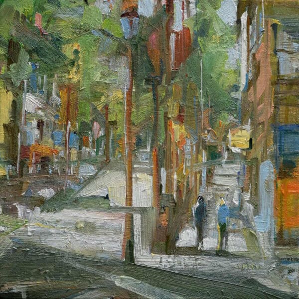 Leanne M Christie's original painting of East Pender Street near the Chinese Cultural Centre in Vancouver.