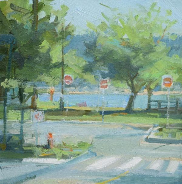 Christie's original painting of a street with no entry signs. The street ends in a parking area that has the Burrard Inlet as the view.