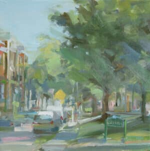 Alongside the park Dude Chillin Park in East Vancouver is on the right side of this painting that is a street scene. The painting is a work by Urban oil painter, Leanne M Christie