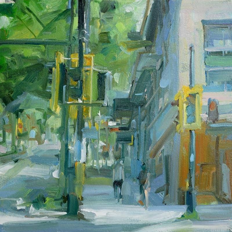 Corners of the city Leanne M Christie oil painting of the corner of Lonsdale ave and 1st ave in the City of North Vancouver.
